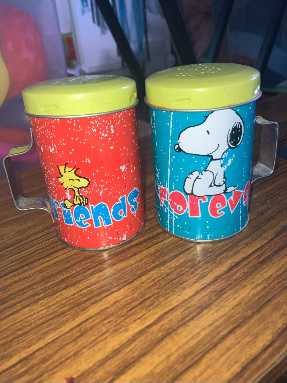 Vintage PEANUTS “FOREVER FRIENDS” Salt & Pepper Tin Shakers